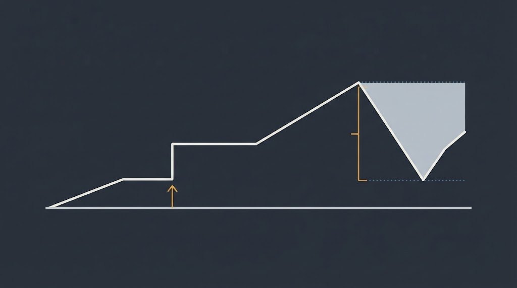 Curva de capital de un track record con el escalón de un ingreso marcado aparte y la caída máxima sombreada de pico a valle, los dos datos que cambian la rentabilidad real