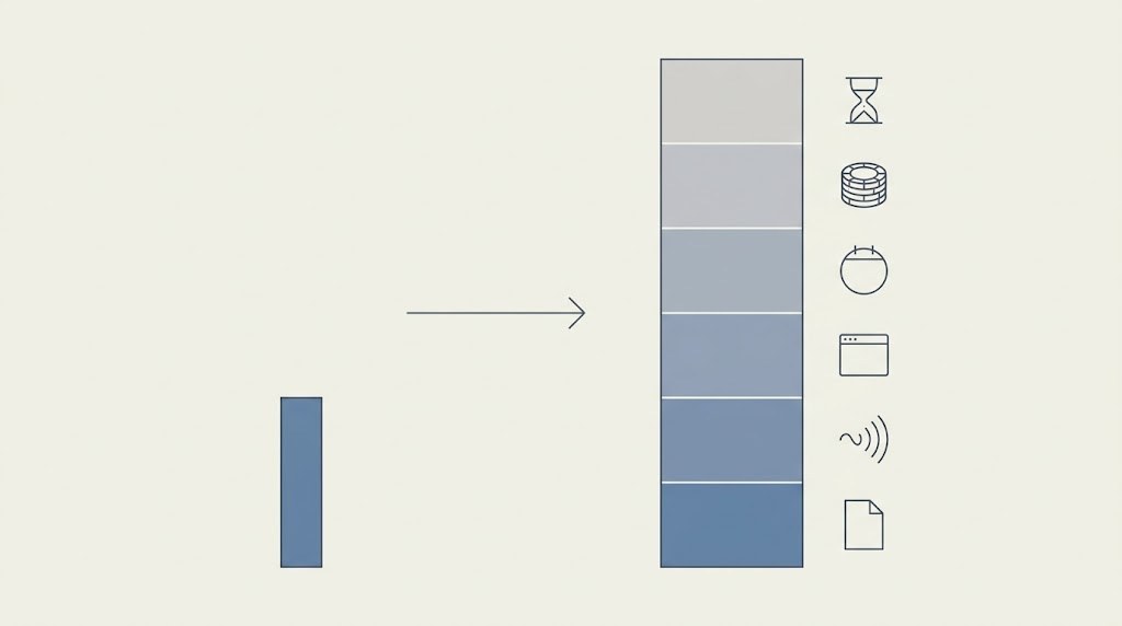 Diagrama que compara la barra del precio anunciado con la barra apilada de seis tramos del coste real de un curso de trading durante el primer año